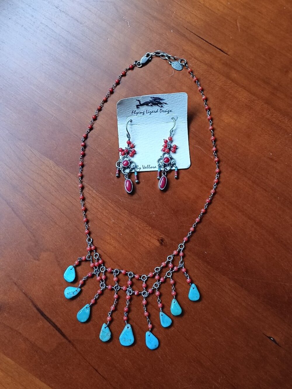 NWT Turquoise & Red Coral Beaded and Sterling Silver Necklace and Earring Set